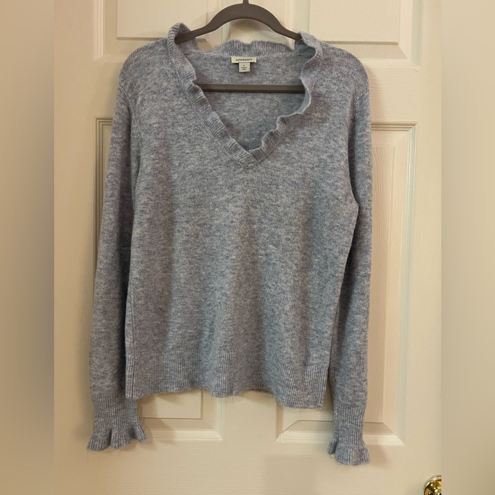 Sundance Catalog Giselle V/ruffle neck sweater. Light blue. VERY GUC. Size Large